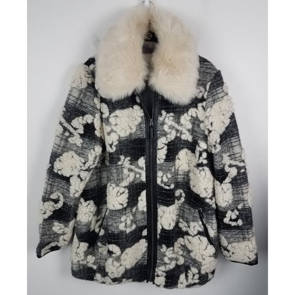 Anthro Hei Hei Women's Sz. M Wool Cloudscape Faux Fur Plaid Car Coat